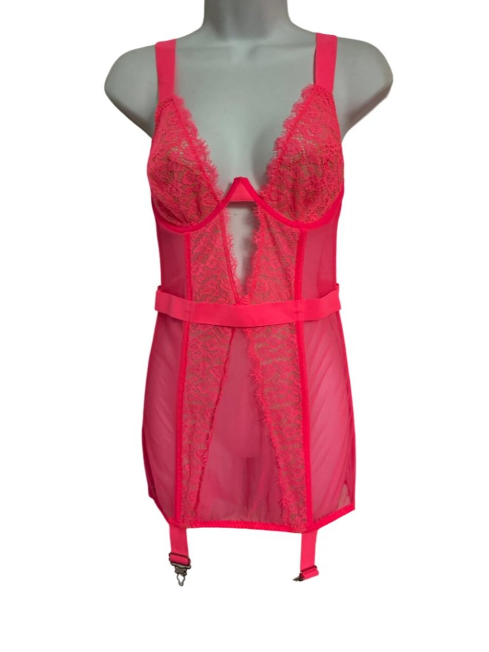 Sz.36C*Victoria's Secret*Neon Pink/Coral Lacy Corset Semi-Sheer Teddie
